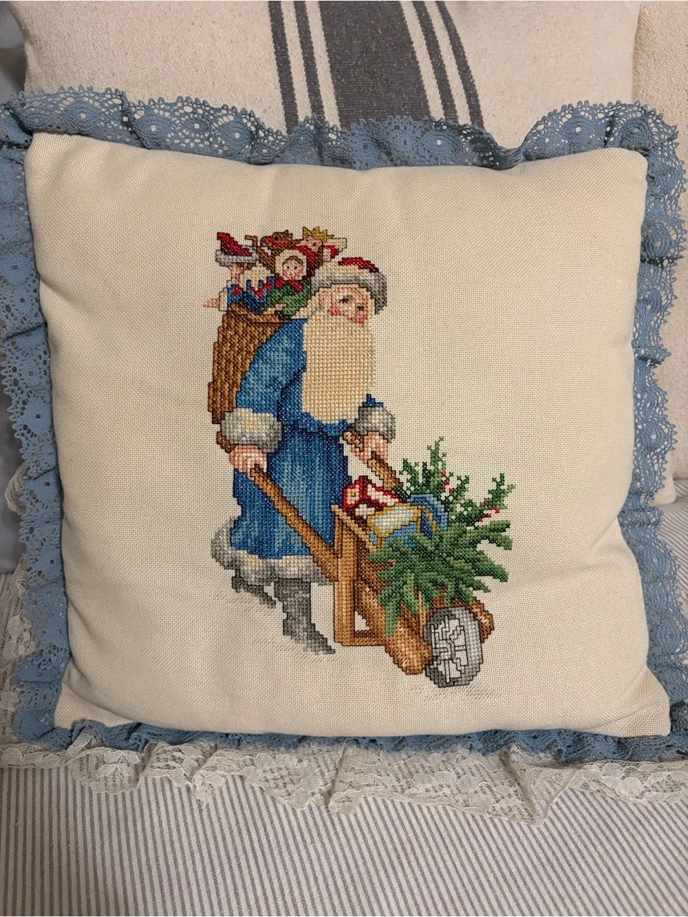 Vintage Handcrafted Cross Stitch Old World Santa Pillow